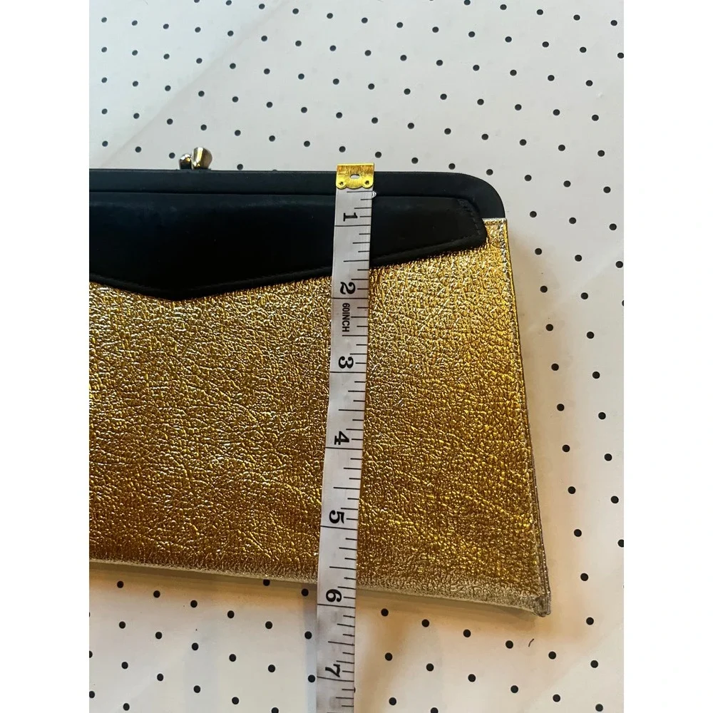 Gold Metallic Clutch Evening Bag Black Satin Frame Kiss Lock Cocktail Party